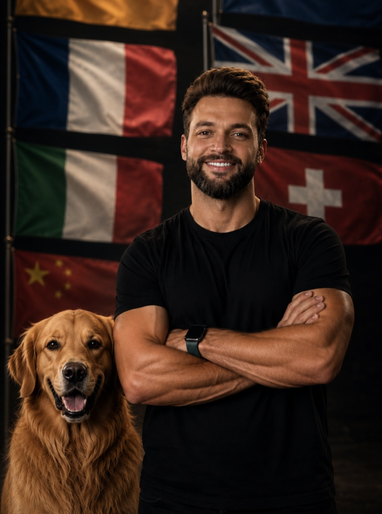 Matheus Adestra com um golden retriever diante de bandeiras de vários países
