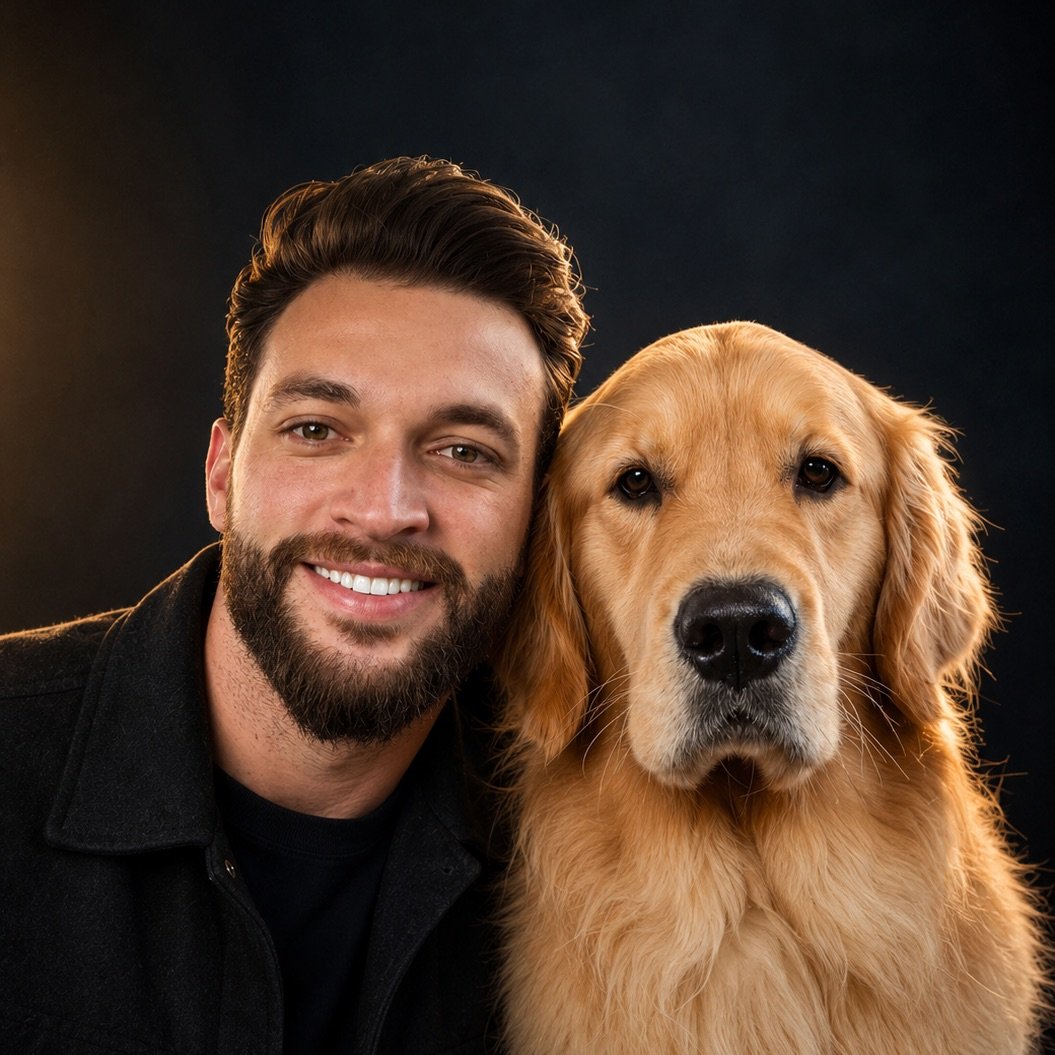 Retrato de Matheus com um golden retriever